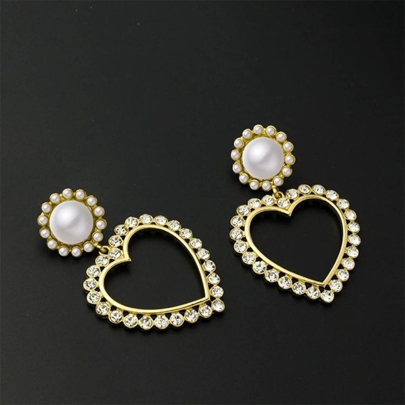 Heart Large Pearl Simulated Diamonds Drop Earrings 18k Gold Plated - Picture 3 of 6